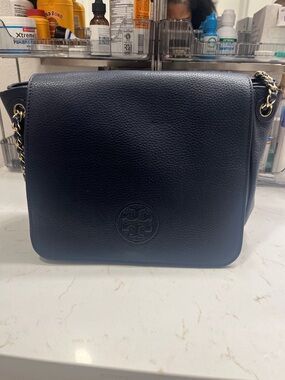 Tory Burch Black Pebbled Leather Shoulder Bag with Gold Chain Trim